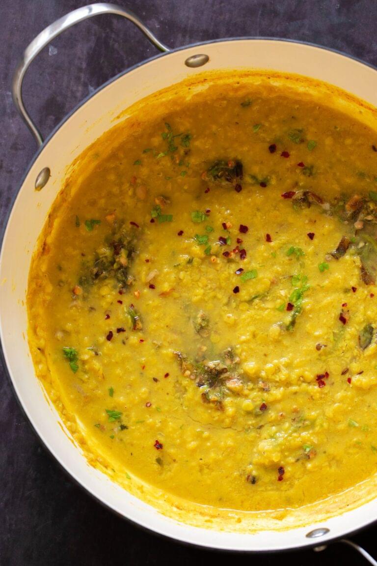 close-up of thecha dal in the skillet